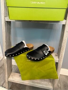 Tory Burch Black Leather Studded mellow mules